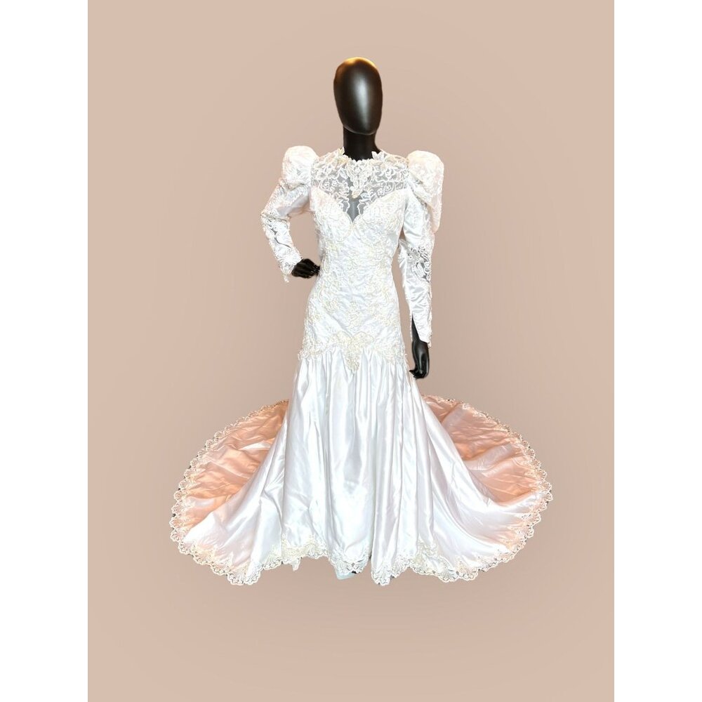 Vintage 90s Lace Sleeve High Neck Wedding Gown